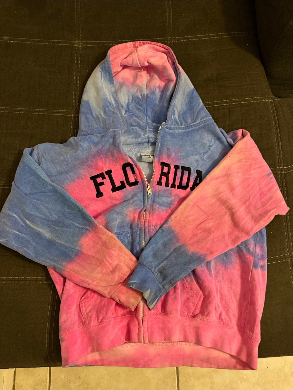 Kids Tie-Dye Pink & Blue Zip-Up Hoodie with 'FLORIDA' Lettering